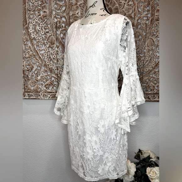 Lulus Allure 'Em In White Lace Bell Sleeve Bodycon Boho Fairycore Mini Dress - Picture 6 of 16